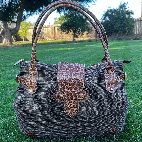 Eric Javits Large Squishee Woven Satchel Bag Croc Leather Trim Gold Hardware - Picture 14 of 14